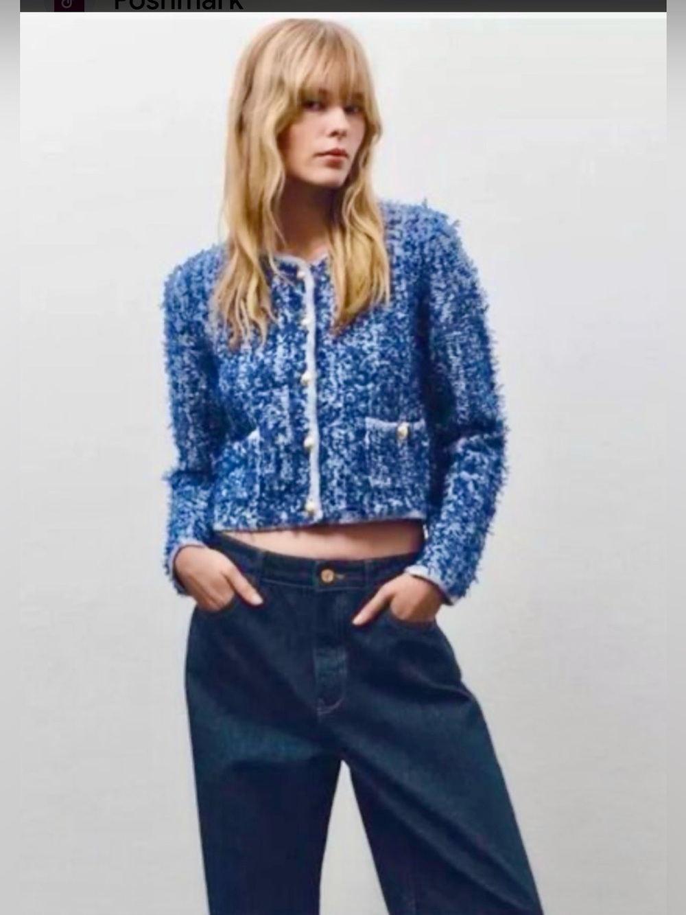 Zara Blue Bouclé Cropped Teddy Jacket